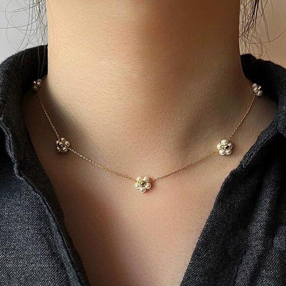 Neiman Marcus 14k Gold Plated Single Pearl Floral Flower Necklace - Picture 2 of 5